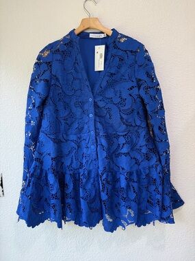 Chicways Cobalt Blue Crochet Flared Sleeve Mini Dress Sz M Beach Resortwear Boho